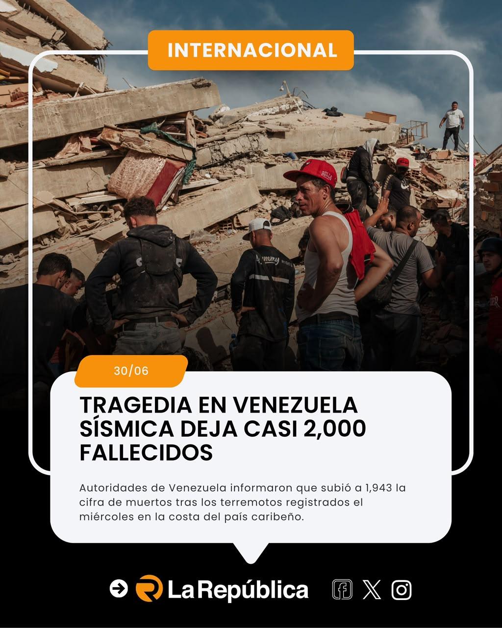 Autoridades de Venezuela informaron que subió a 1,943 la cifra de muertos tras los terremotos registrados el miércoles en la costa del país  - Cover Image